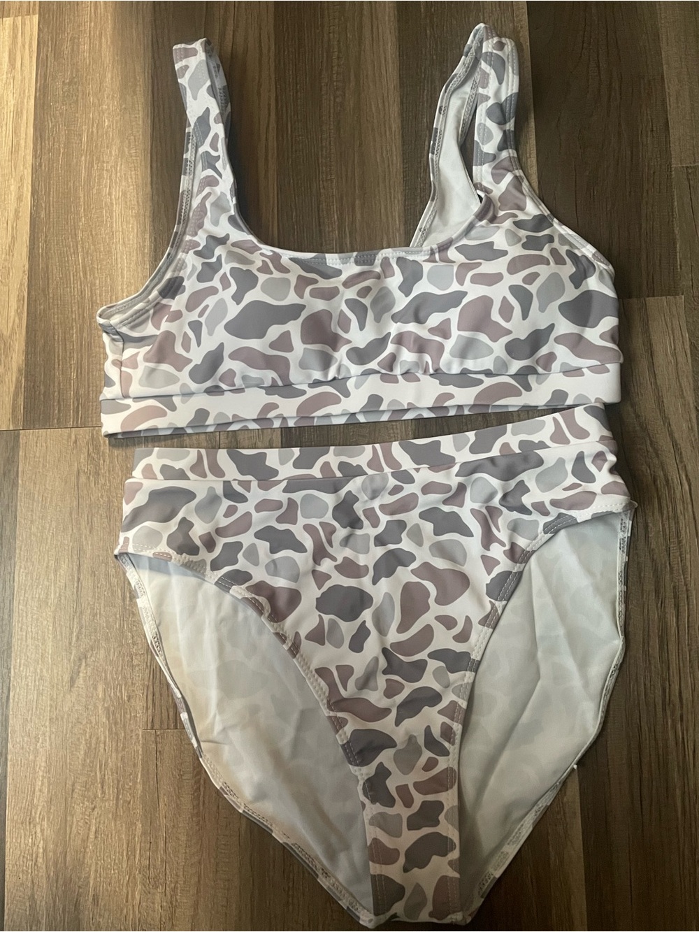 Women’s Two-Piece High-Waist Swim Set in Taupe & Gray Camo